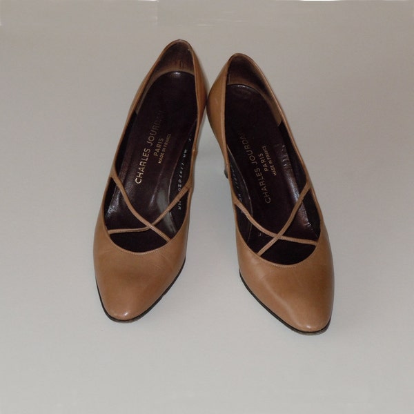 Sexy Leather Shoes, Charles Jourdan, Paris Designer, Vintage, Criss Cross Style, Tan Leather Pumps, 3” Heels, Womens, Size 7 M, 1960s