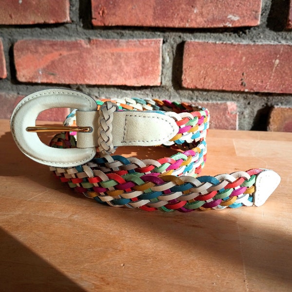 Belt, Leather, Woven, Multi-Color, Narrow Belt, Leather Buckle, Adjustable Size Belt, Mint Condition/Un-Used