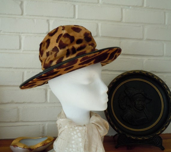 Vintage, Leopard Hat, Wide Brim Hat, Mid-Century,