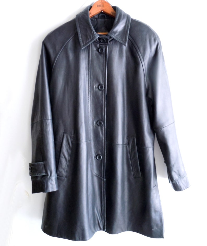 Three Quarter Length Coat Knee Length Leather Coat Women/'s Coat Size ML A-Line Leather Coat Black Leather Coat
