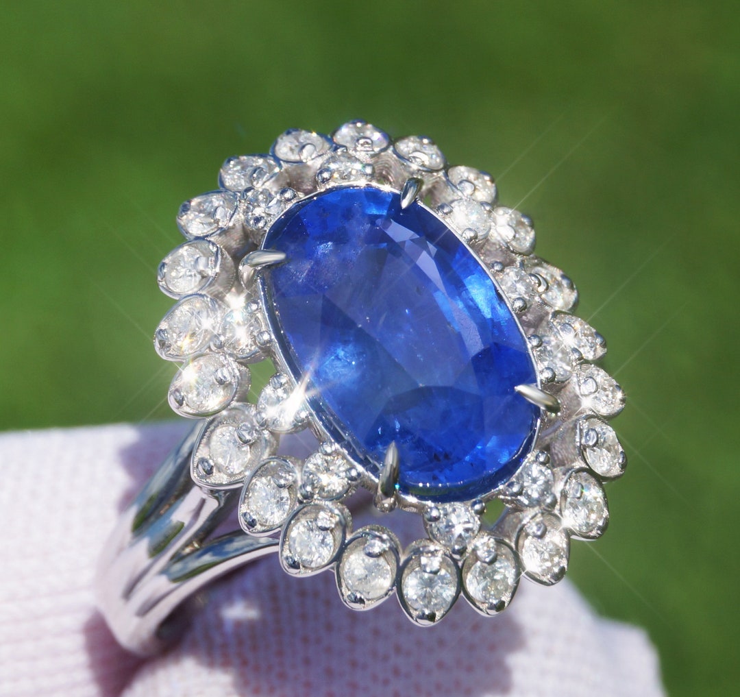 Sapphire & Diamond Ring 14K REAL White Gold Natural No Heat Ceylon Blue
