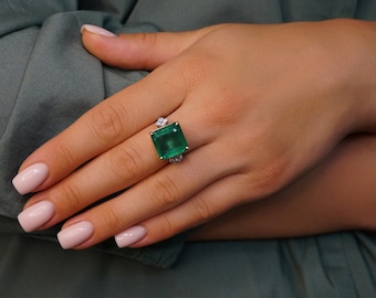 Emerald Ring Diamond Gold White 14K Natural Zambian Green 11.19CTW GIA Certified