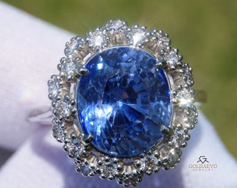 Blauer Saphir & Diamanten Ring 14K Weiß Echtgold Natürlich 7.62 CTW GIA Zertifiziert