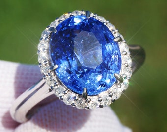Sapphire Ring Diamond Gold 14k Natural Oval Blue 6.25CTW Ceylon REAL GIA Certified