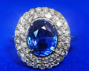 GIA Certified Sapphire Ring Diamond Gold 14k Natural Blue Ceylon 4.37CTW