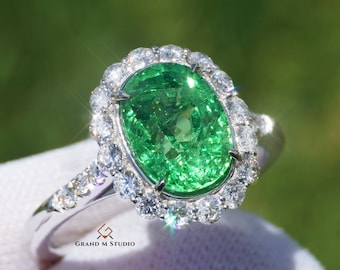 Tsavorite Weiß 14k Goldring Diamant Natürlicher Granat 3.70CTW Echte GIA zertifiziert