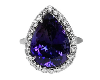 Ring Tanzanite Diamond 14K Real White Gold Natural NO HEAT Pear 9.93 ctw GIA Certified