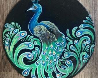 Hand Painted Peacock Vinyl Record