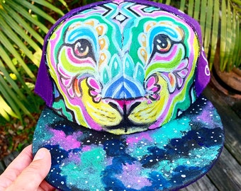 Hand painted heart like a lion hat, black light reactive and glow in the dark