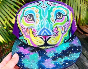 Hand painted heart like a lion hat, black light reactive and glow in the dark