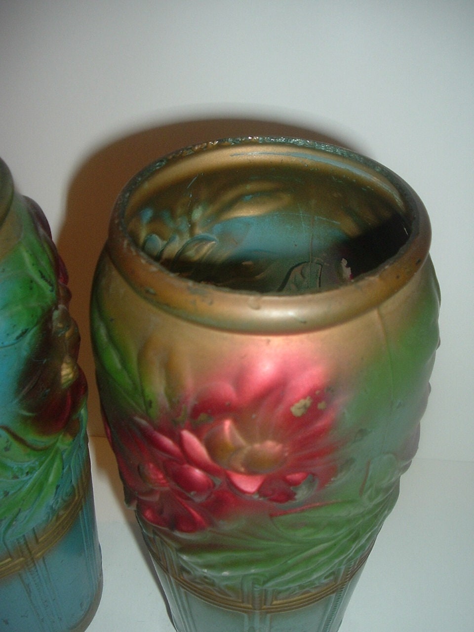 2 Pickle Jar Vases Antique Painted Glass