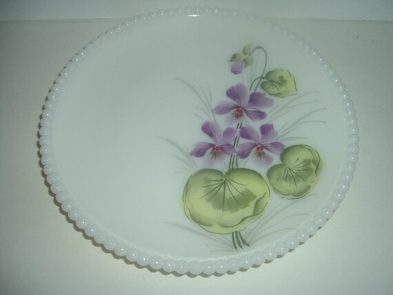 Westmoreland Milk Glass Floral Beaded Edge Plate #2 Purple Flowers