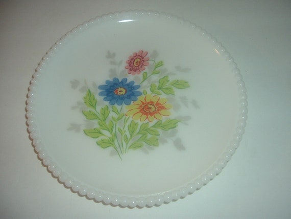 Westmoreland Milk Glass Floral Beaded Edge Plate Colorful Daisies