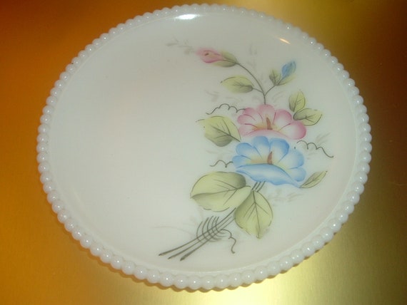 Westmoreland Milkglass Floral Beaded Edge Plate Morning Glories