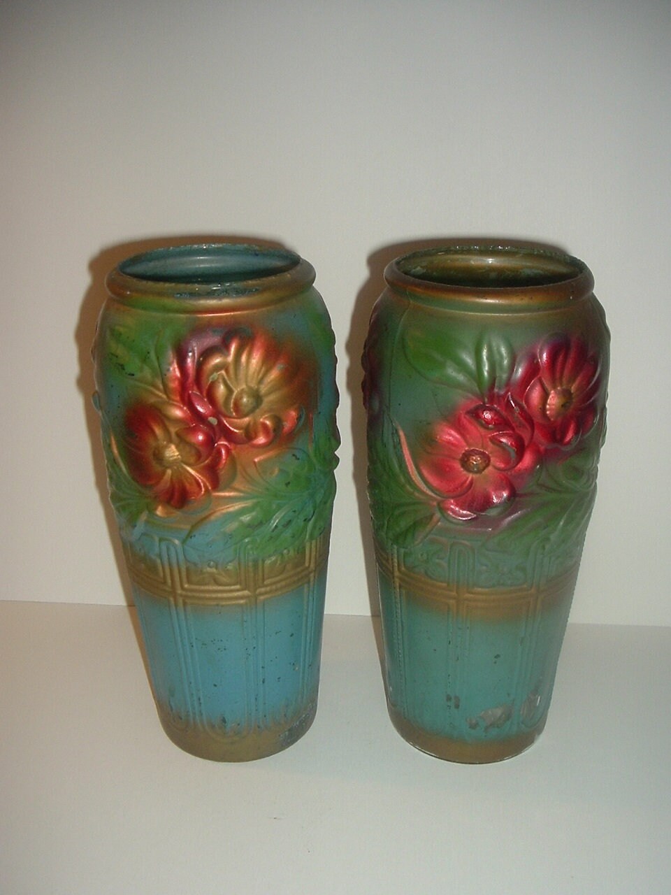 2 Pickle Jar Vases Antique Painted Glass