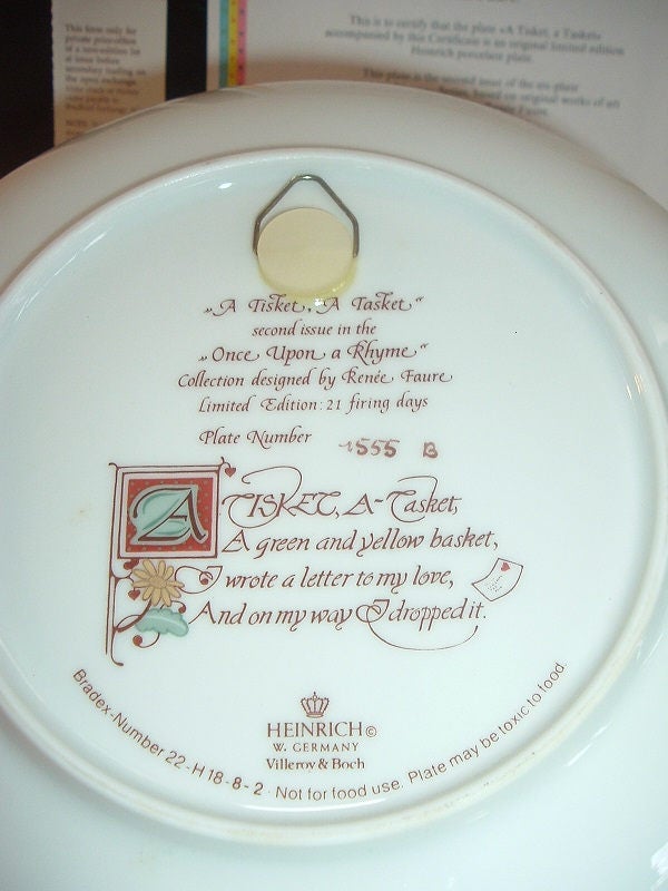 1985 Heinrich W Germany Villeroy and Boch A Tisket A Tasket Plate w Box COA