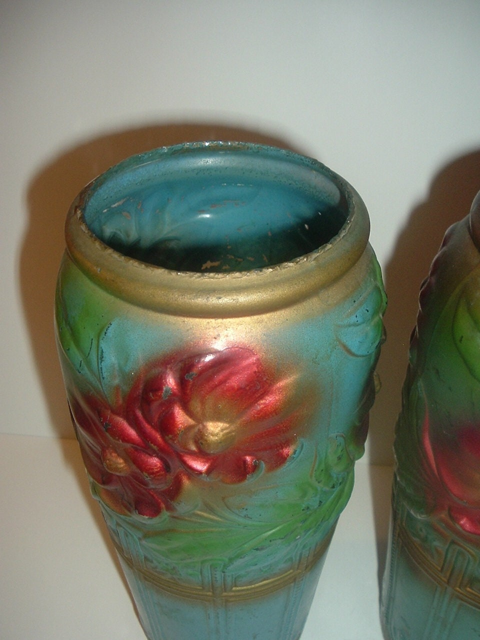 2 Pickle Jar Vases Antique Painted Glass