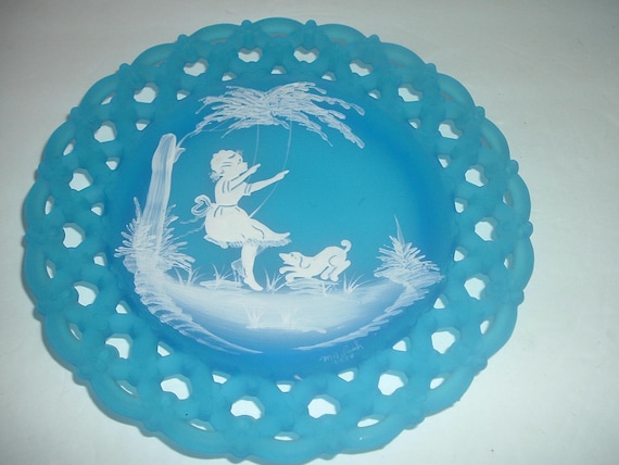 Westmoreland Glass Mary Gregory M. Lash Artist Signed Girl Dog Plate