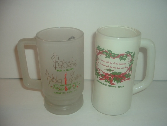 2 Jeannette Glass Employee Holiday Mugs 1978 and 1980