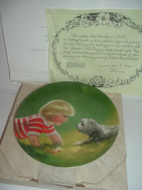 Donald Zolan Making Friends Children and Pets Collection Plate w box & COA 1985