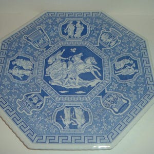 May include: An octagonal blue and white decorative plate with a Greek key border. The plate features classical figures and chariot scenes in white against a blue background. The plate has a white rim.