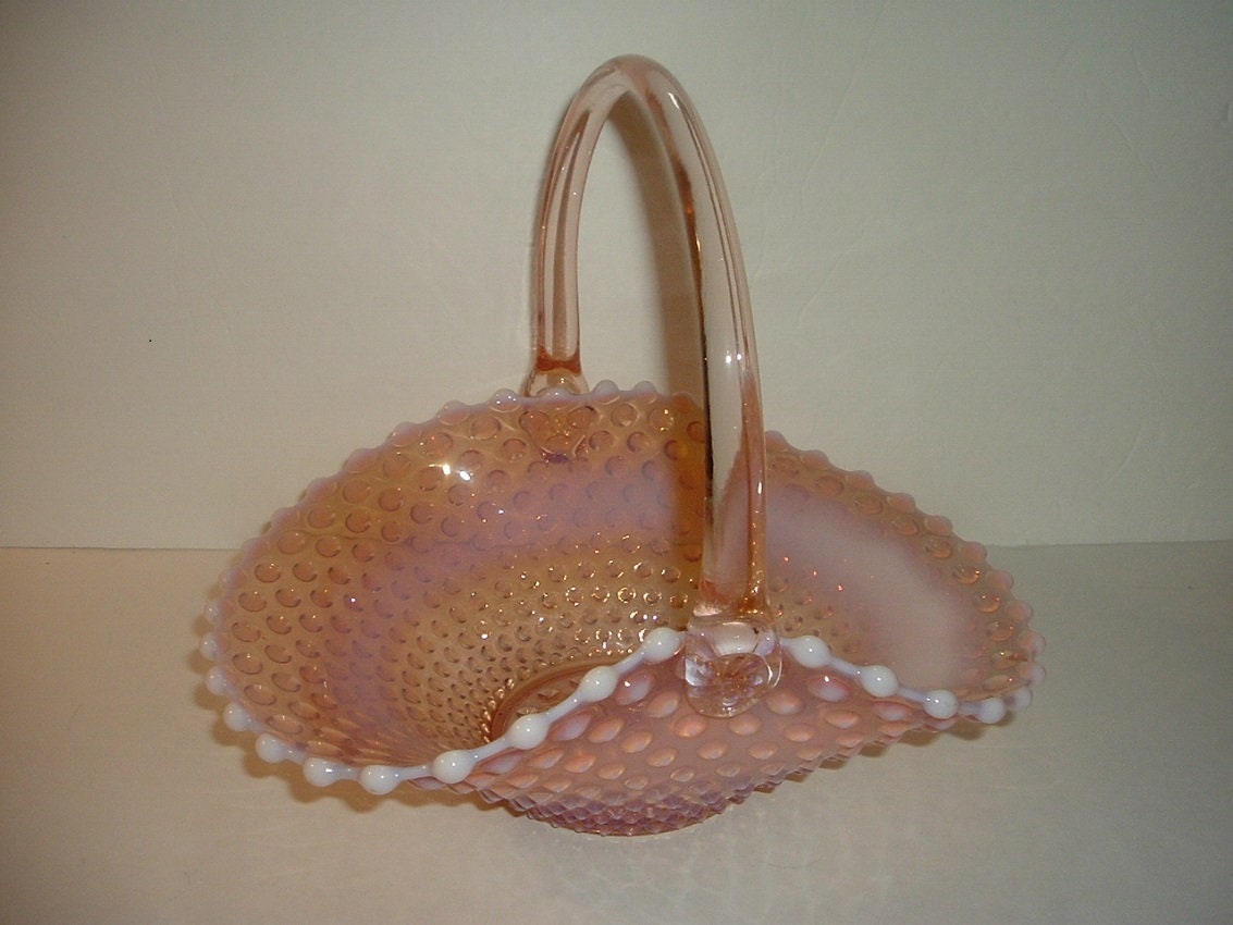 Glass Basket Pink Opalescent Hobnail pattern Vintage BIG