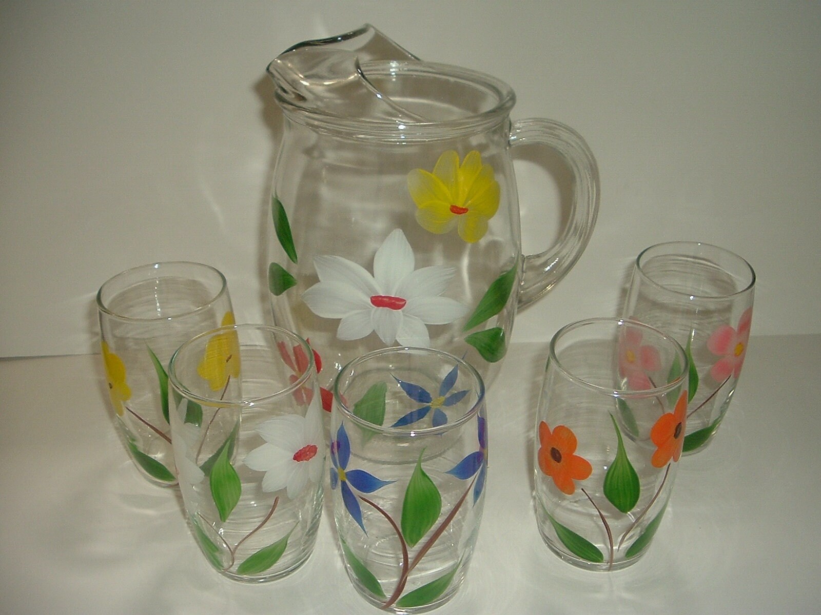 Mid Century Floral Lemonade Pitcher & 5 Glasses