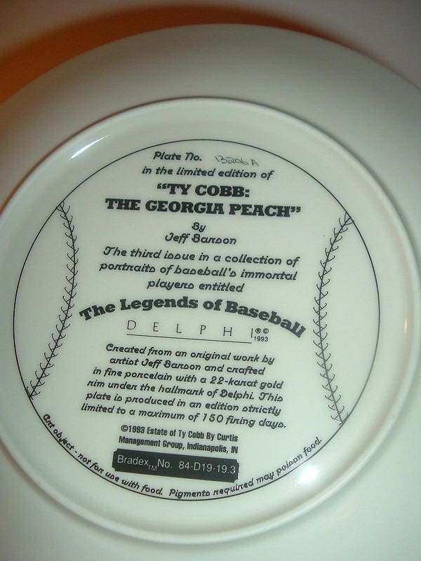 1993 Ty Cobb The Peach Plate w COA Foam Box