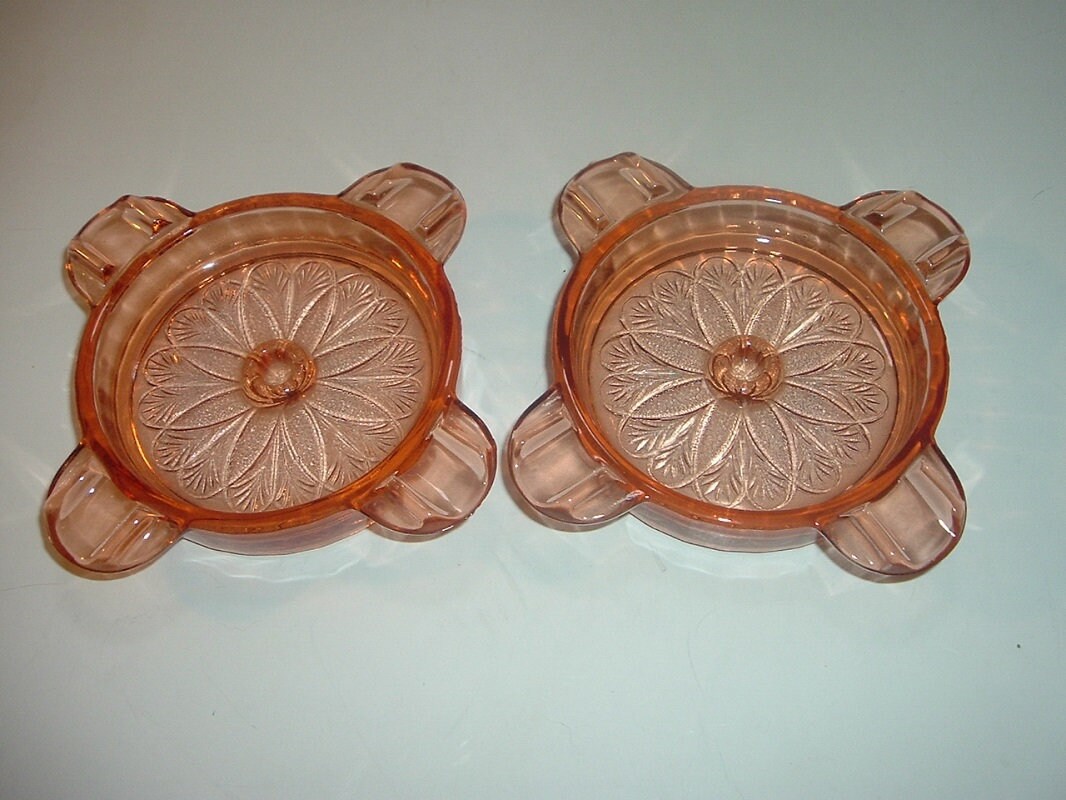 2 Pink Depression Glass Sunflower Ashtrays
