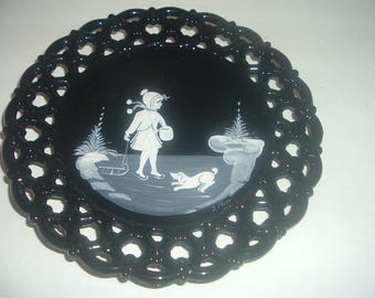 Westmoreland Glass Mary Gregory L. Plues Artist Signed Girl Dog Plate