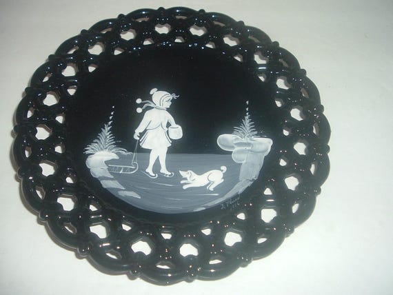 Westmoreland Glass Mary Gregory L. Plues Artist Signed Girl Dog Plate
