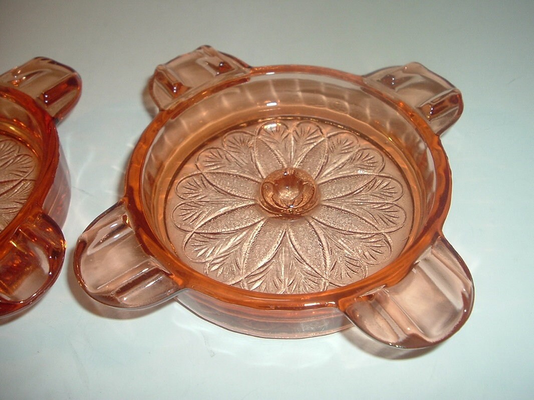 2 Pink Depression Glass Sunflower Ashtrays