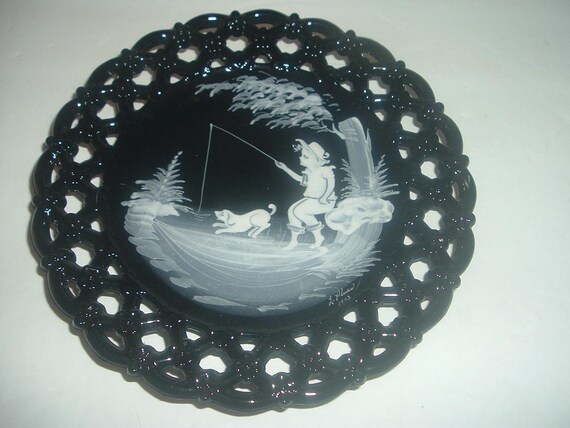 Westmoreland Glass Mary Gregory L. Plues Artist Signed Boy Dog Plate