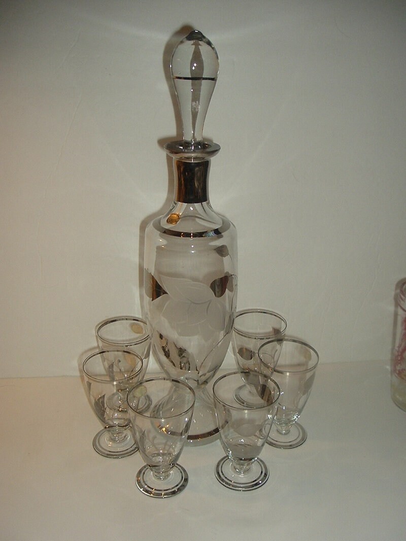Vintage Czechoslovakia Bohemian Glass Sherry Set Decanter and Glasses