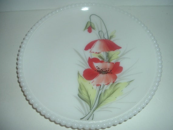 Westmoreland Milk Glass Floral Beaded Edge Plate #1 Red Poppies