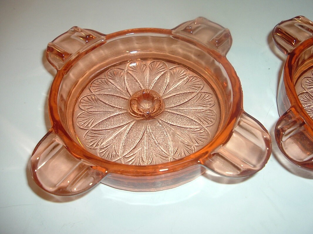 2 Pink Depression Glass Sunflower Ashtrays
