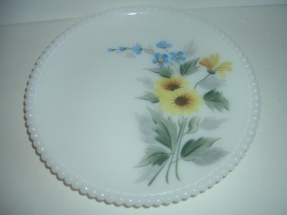 Westmoreland Milk Glass Floral Beaded Edge Plate #4 Brown Eyed Susans Blue Forget Me Nots