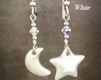 Celestial Iridescent Moon & Star Earrings//lightweight nickel free earrings//porcelain ceramic jewelry//handmade in Pittsburgh USA