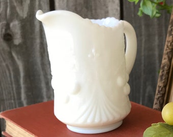 Vintage Milk White Glass Creamer Cherry Milk Glass by Wright Glass LG Cherries Leaves Pattern Petite Vase Pitcher Milk Glass Home Decor
