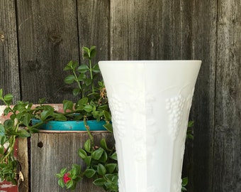 Vintage White Milk Glass Tall Vase Harvest Pattern by Colony Grape Clusters & Grape Leaves Home Decor Office Decor Wedding Decor Bridal Gift