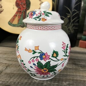 Vintage Petite Ginger Jar with Lid, Strawberry Knob, Asian Inspired Ginger Jar Made in Taiwan Exotic Floral Ceramic Inscribed &quot;Prestige&quot;