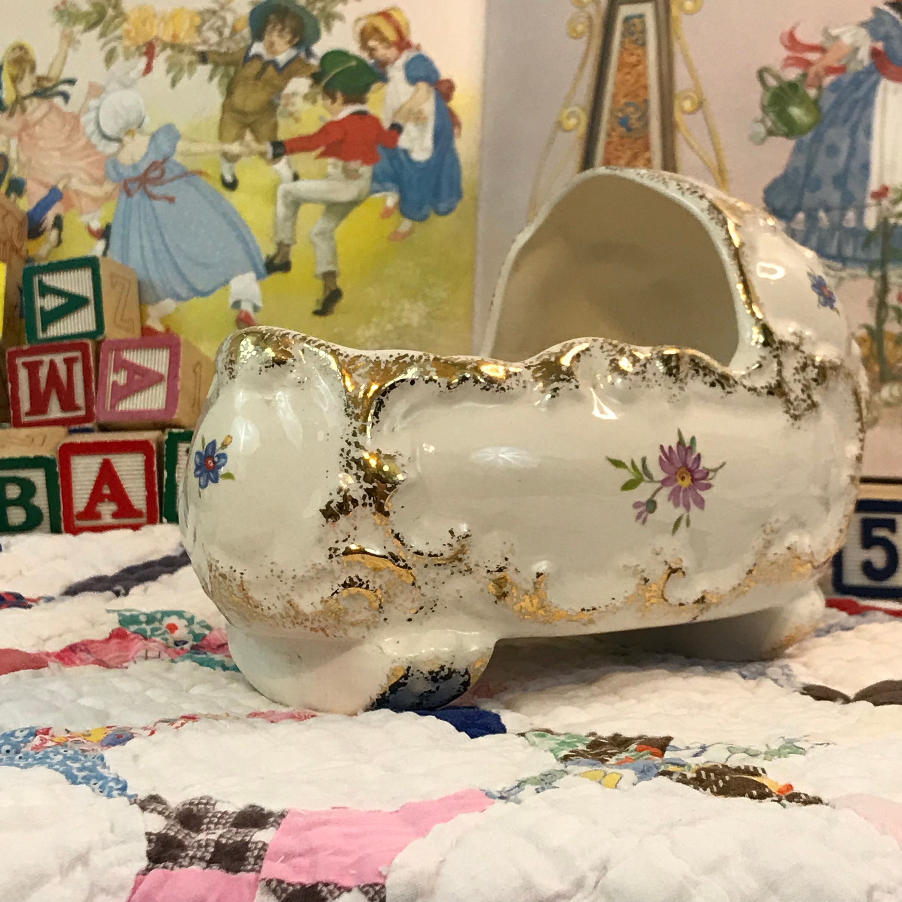 Vintage Planter/Vase Baby Cradle, Gold Trim, Flora and Fauna, NORSEEN