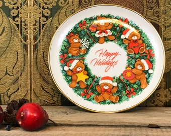 Vintage Plate Decorative Happy Holidays Plate Teddy Bear Wreath No. 10A2394 1987 Molly Fleming Certified by George H Karlin Christmas Decor