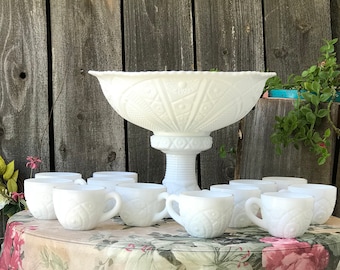 Vintage Bowl Milk White Glass Round Punch Bowl Stand 12 Cups Concord Pattern by McKee Salad Bowl Tea Cups Home Decor Bridal Party Event