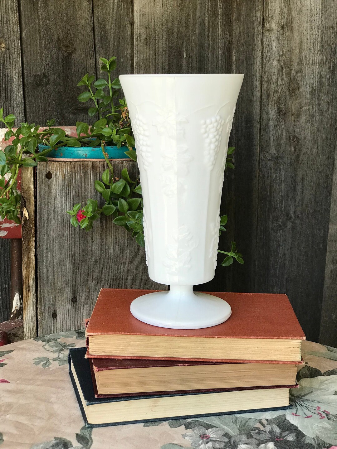 Vintage White Milk Glass Tall Vase Harvest Pattern by Colony Grape