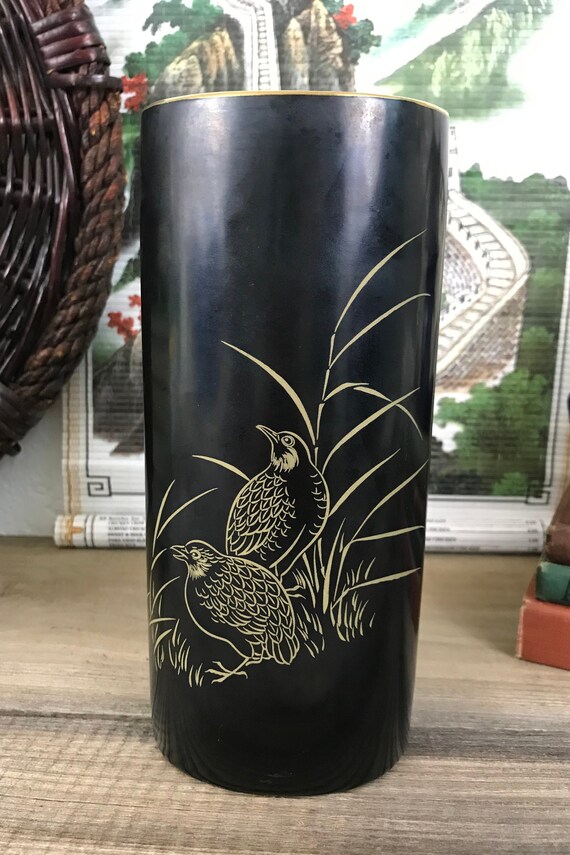 Vintage Vase Black Vase Gold Trim Partridge Graphic Logo Etsy
