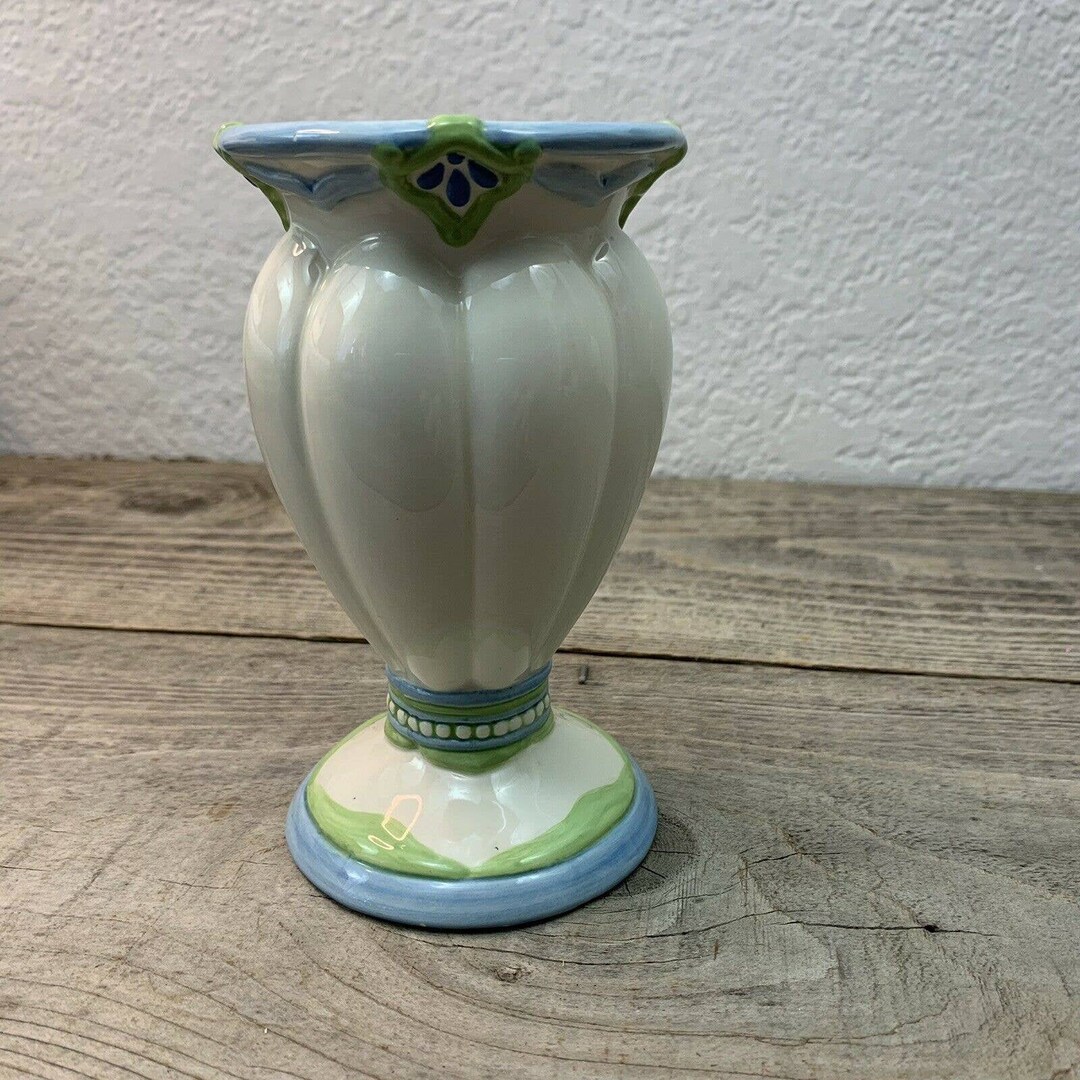 Vintage Studio Art Pottery Urn Shape Vase Hand-painted Cream Blue Green ...