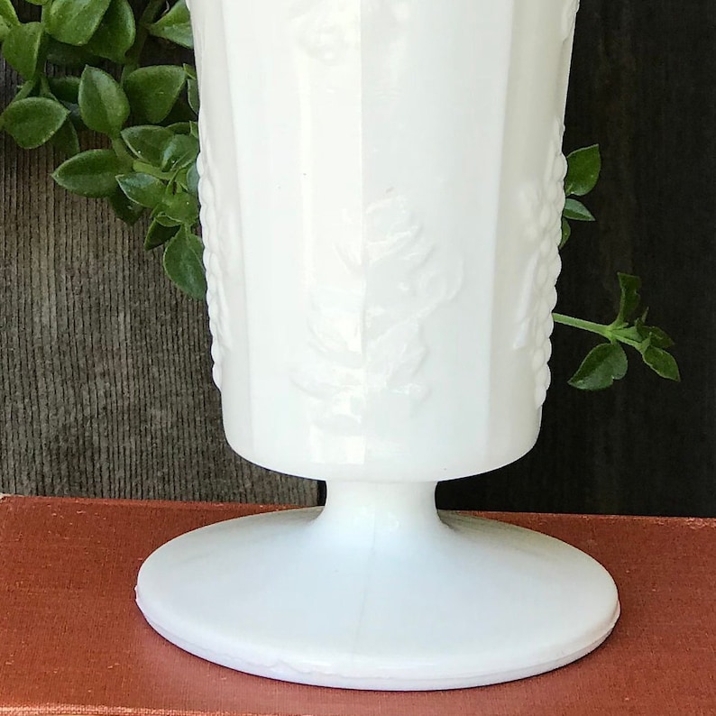 Vintage White Milk Glass Tall Vase Harvest Pattern by Colony Grape