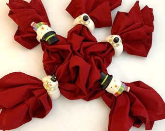 Vintage Christmas Napkin Rings Snowmen White Porcelain 5 count Eclectic Bohemian mismatched napkin rings Retro