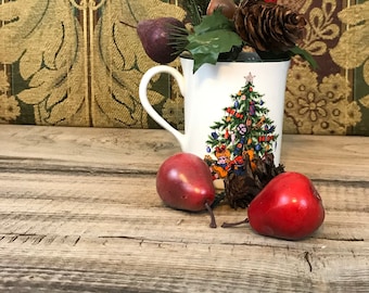 Vintage Mug, Souvenir Cup from England, Salisbury Bone China, Staffordshire England 12-3 Graphic of Christmas Tree and Gifts 1990 Drinkware